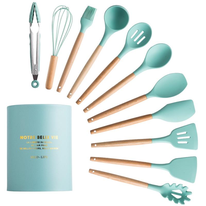 12Pcs Silicone Cooking Utensils Wooden Handle With Stainless Steel Storage Box, Nonstick Cookware (BPA Free)
