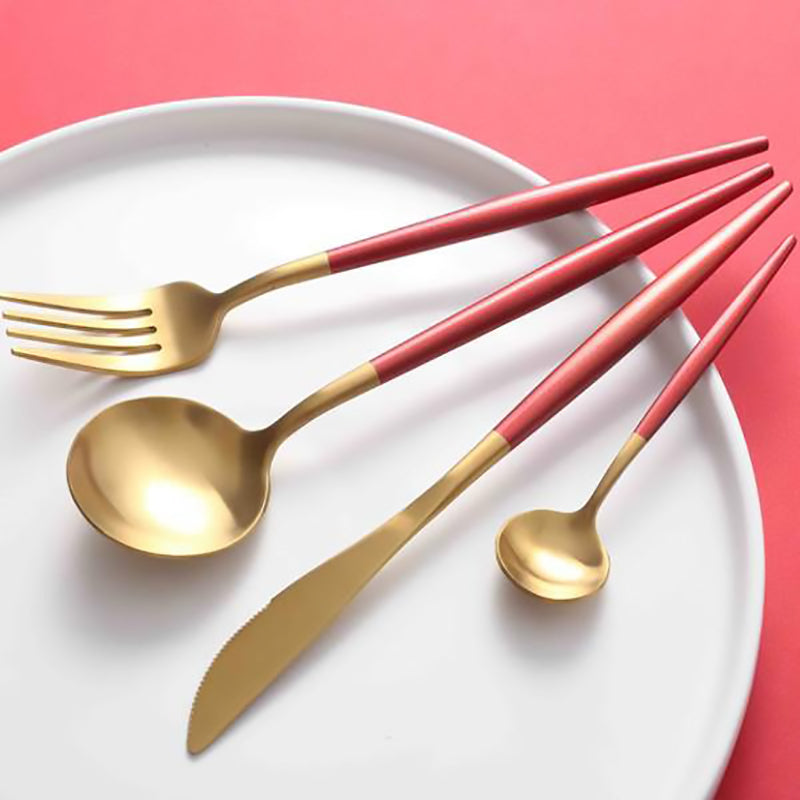 Stainless Steel Titanium Plated Red Golden Flatware Set