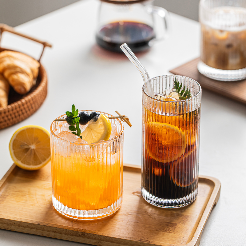 Classic Ribbed Drinking Glass Cups 370ml & 410ml | Set of 8 | Includes 4PCS Straws