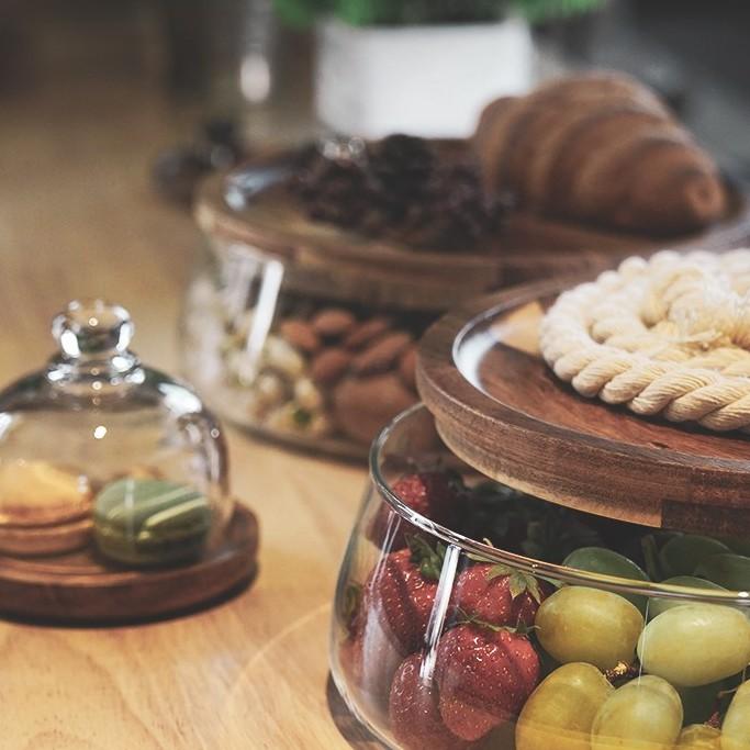 Transparent Glass Storage Canister Holder with Wood Lid