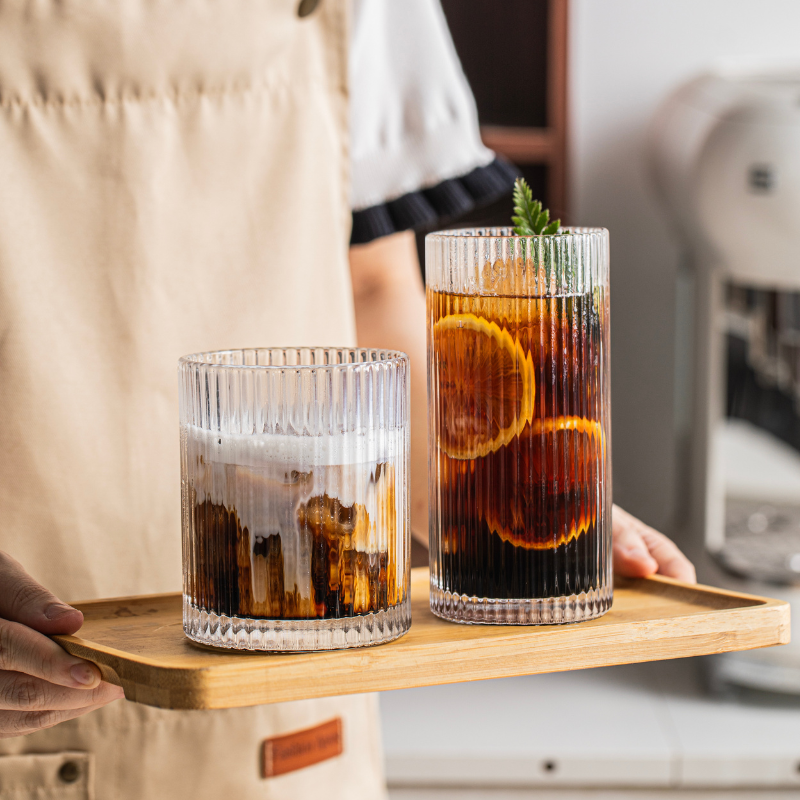 Classic Ribbed Drinking Glass Cups 370ml & 410ml | Set of 8 | Includes 4PCS Straws