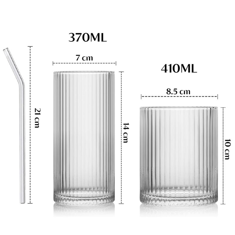 Classic Ribbed Drinking Glass Cups 370ml & 410ml | Set of 8 | Includes 4PCS Straws