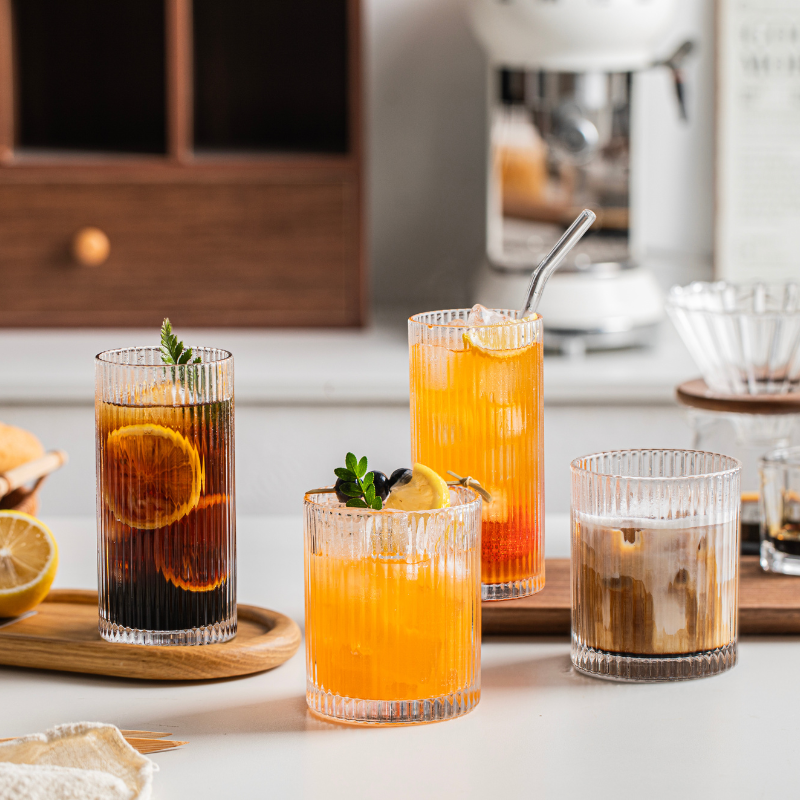 Classic Ribbed Drinking Glass Cups 370ml | Set of 4 | Includes Straws and Coasters