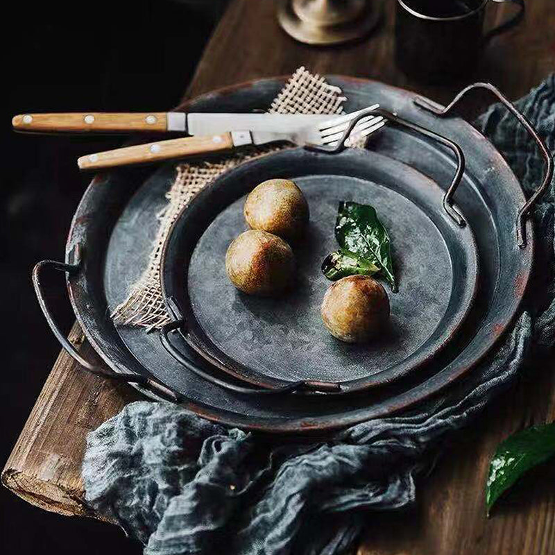 Metal Plate With Handle Handcrafted Round Storage