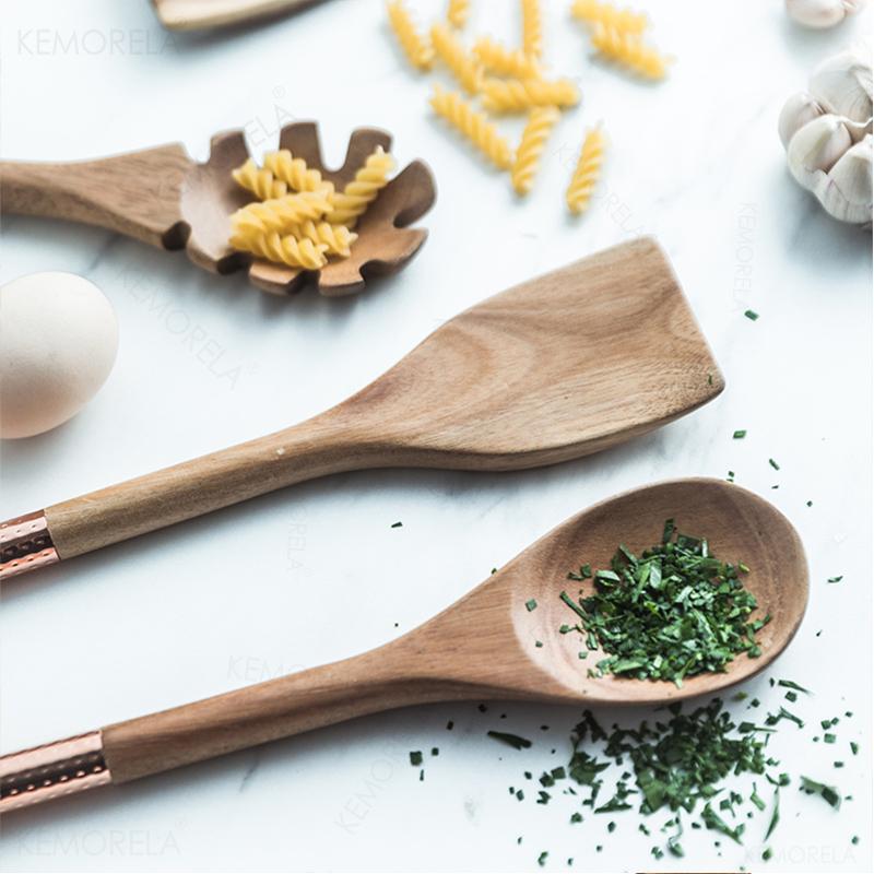 Wooden Cooking Utensils Set with Pink Rose Gold Handles