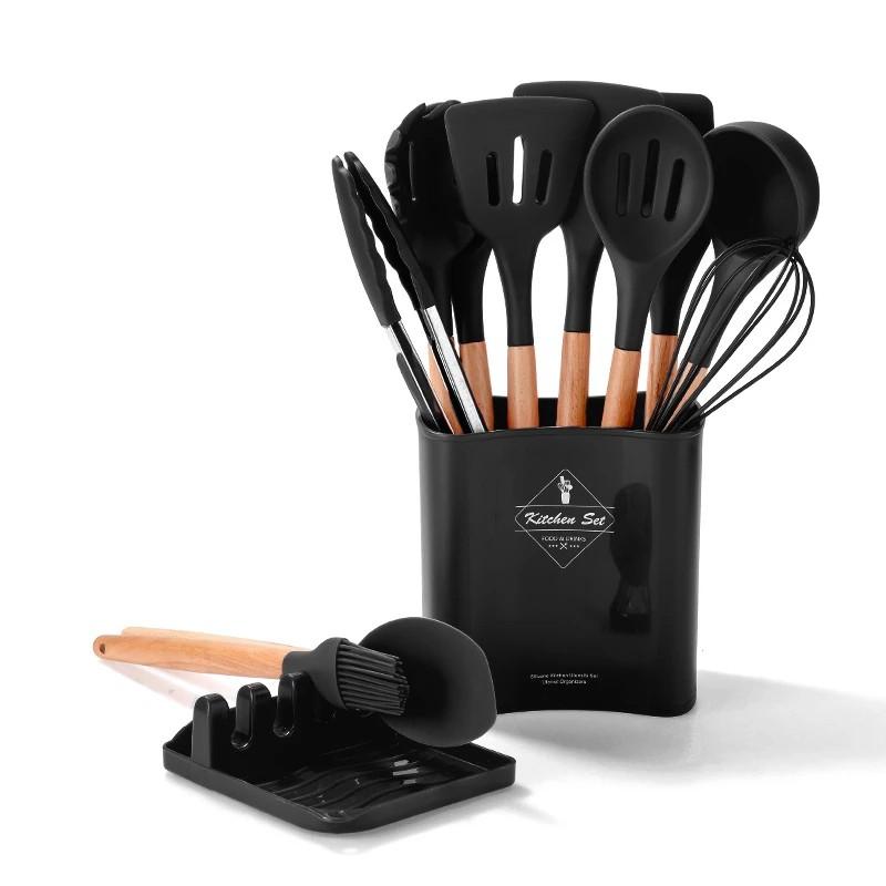 13Pcs Silicone Cooking Utensils Wooden Handle With Stainless Steel Storage Box, Nonstick Cookware (BPA Free)
