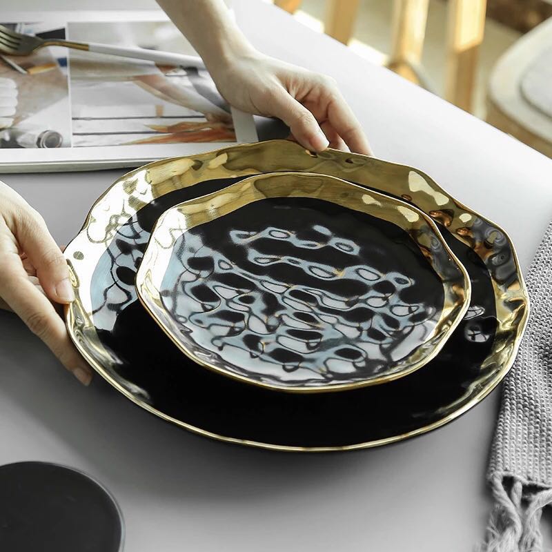 Ceramic Dinner Plates, Nordic Style Marble Gold Inlay Dinner Plates