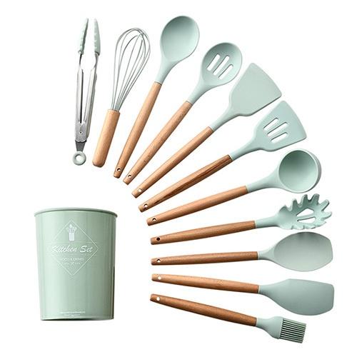12Pcs Silicone Cooking Utensils Wooden Handle With Stainless Steel Storage Box, Nonstick Cookware (BPA Free)