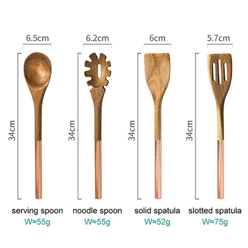 Wooden Cooking Utensils Set with Pink Rose Gold Handles