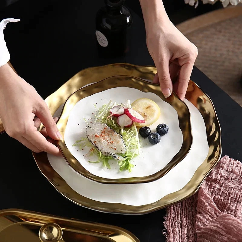 Ceramic Dinner Plates, Nordic Style Marble Gold Inlay Dinner Plates