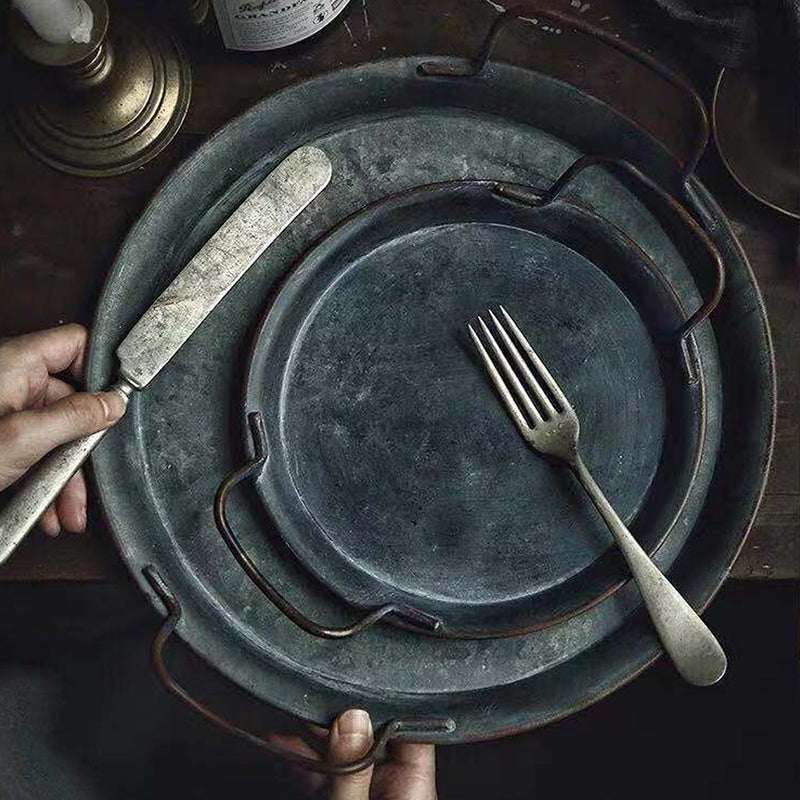 Metal Plate With Handle Handcrafted Round Storage