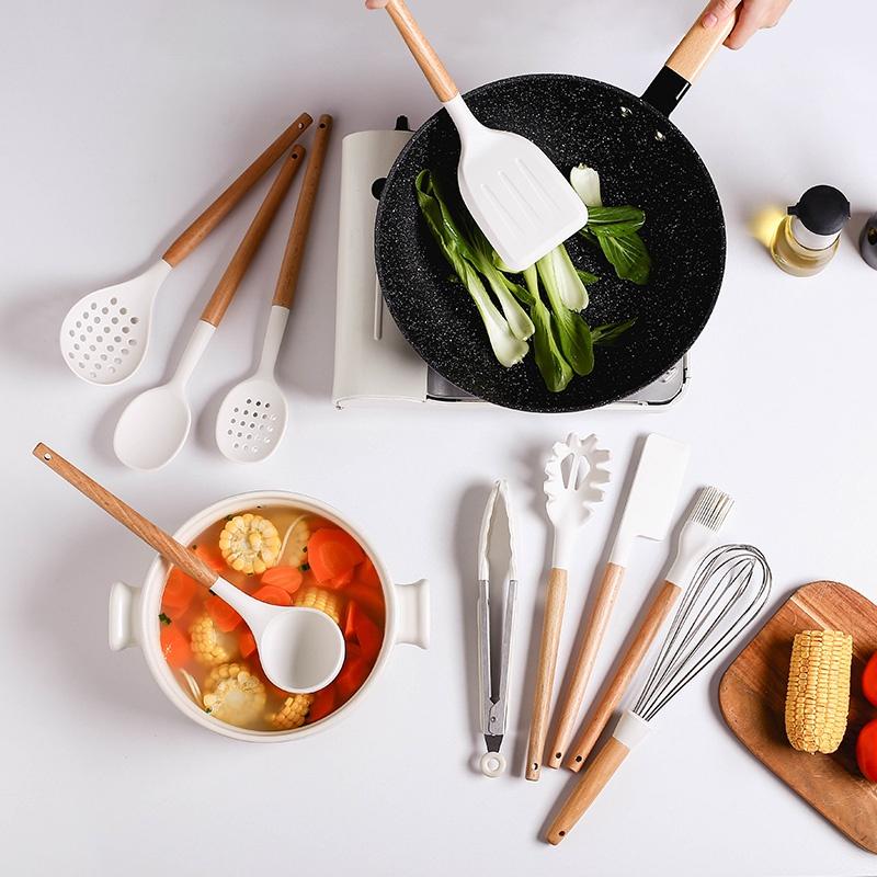 White/Black Silicone Cooking Utensils with Wooden Handles for Nonstick Cookware