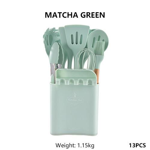 13Pcs Silicone Cooking Utensils Wooden Handle With Stainless Steel Storage Box, Nonstick Cookware (BPA Free)