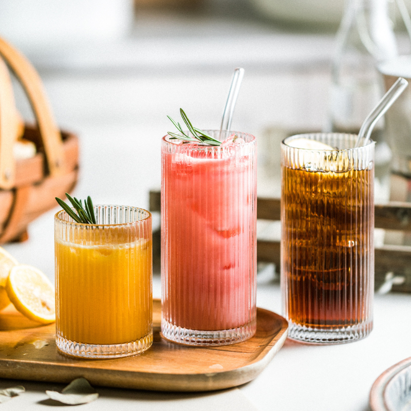 Classic Ribbed Drinking Glass Cups 370ml | Set of 4 | Includes Straws and Coasters