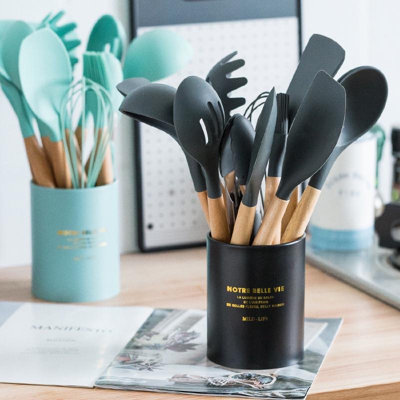 12Pcs Silicone Cooking Utensils Wooden Handle With Stainless Steel Storage Box, Nonstick Cookware (BPA Free)