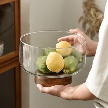 Large Glass Fruit Bowl - Clear Borosilicate Glass Fruit Bowl with Tray Wooden Base