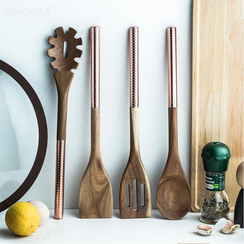 Wooden Cooking Utensils Set with Pink Rose Gold Handles
