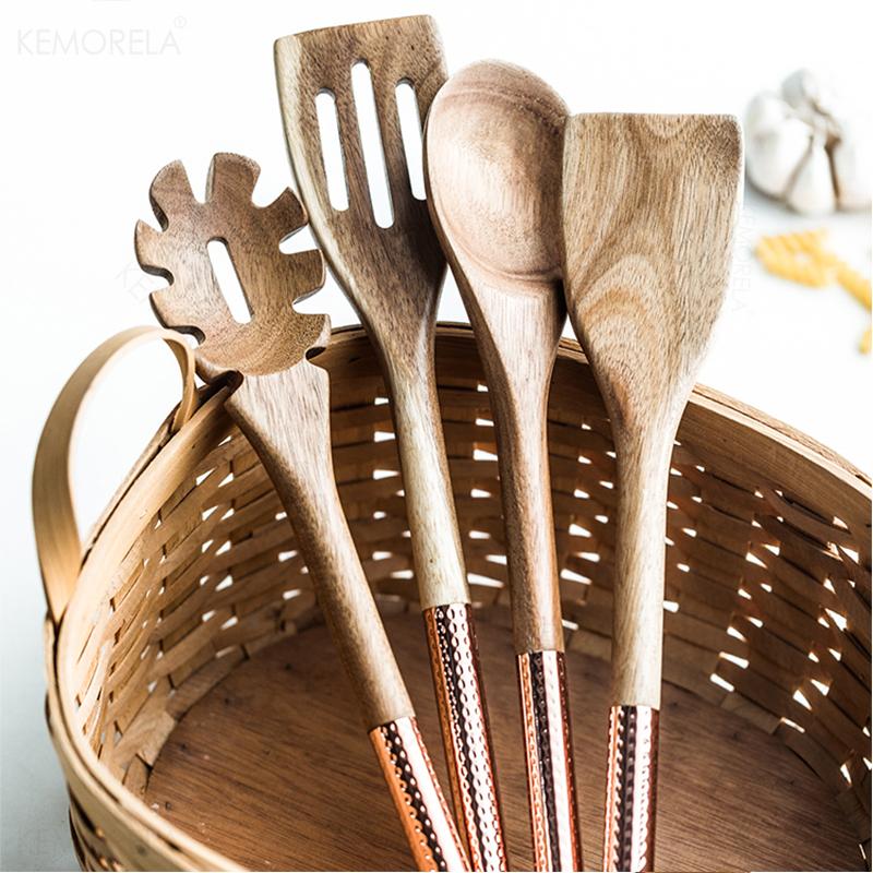 Wooden Cooking Utensils Set with Pink Rose Gold Handles