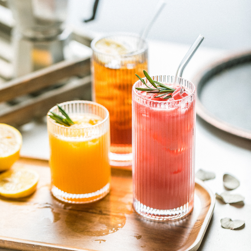 Classic Ribbed Drinking Glass Cups 370ml | Set of 4 | Includes Straws and Coasters