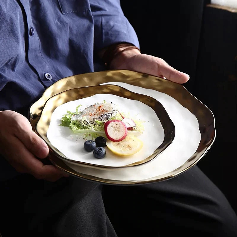 Ceramic Dinner Plates, Nordic Style Marble Gold Inlay Dinner Plates