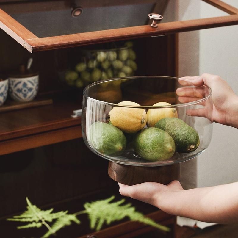 Large Glass Fruit Bowl - Clear Borosilicate Glass Fruit Bowl with Tray Wooden Base
