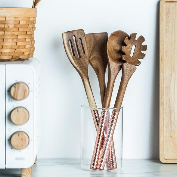 Wooden Cooking Utensils Set with Pink Rose Gold Handles