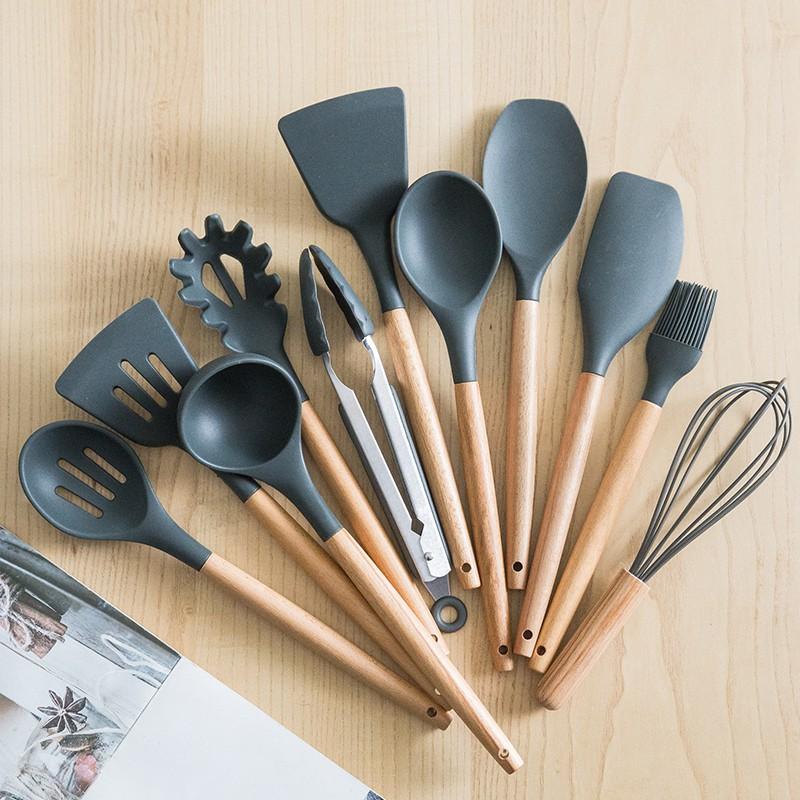 12Pcs Silicone Cooking Utensils Wooden Handle With Stainless Steel Storage Box, Nonstick Cookware (BPA Free)