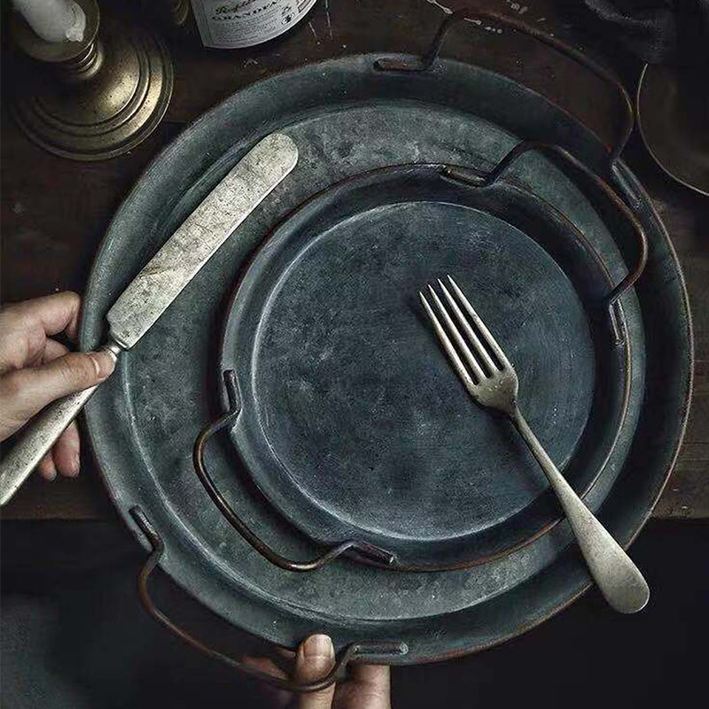 Metal Plate With Handle Handcrafted Round Storage
