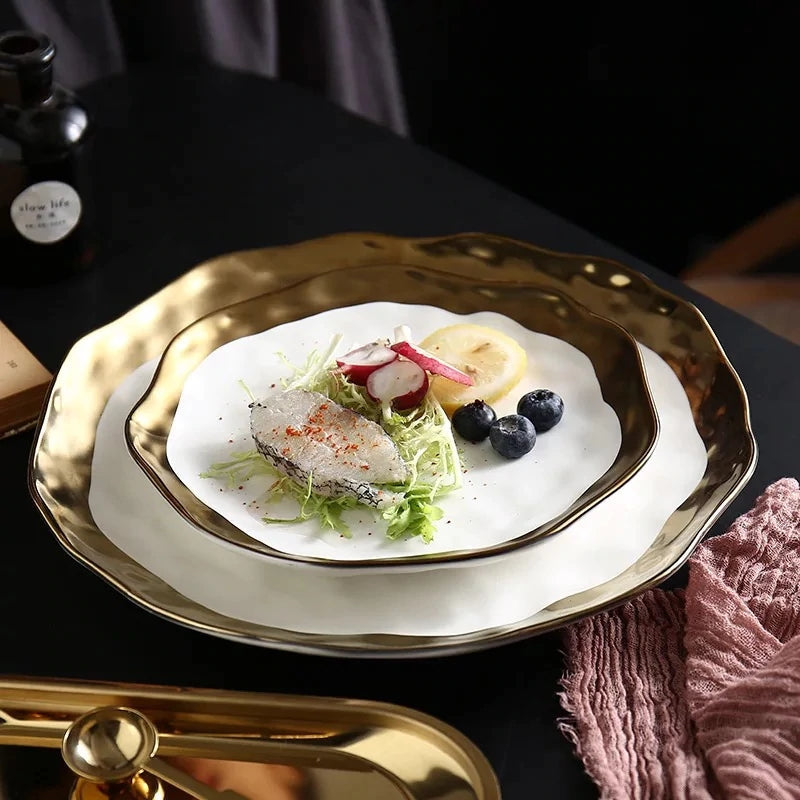 Ceramic Dinner Plates, Nordic Style Marble Gold Inlay Dinner Plates