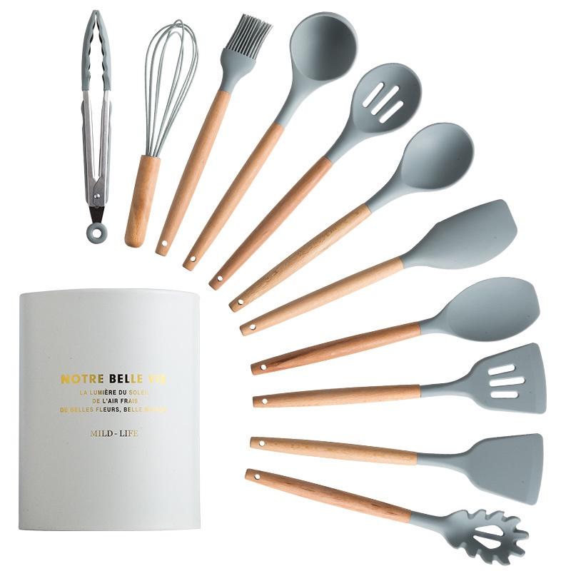 12Pcs Silicone Cooking Utensils Wooden Handle With Stainless Steel Storage Box, Nonstick Cookware (BPA Free)