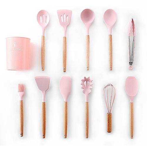 12Pcs Silicone Cooking Utensils Wooden Handle With Stainless Steel Storage Box, Nonstick Cookware (BPA Free)