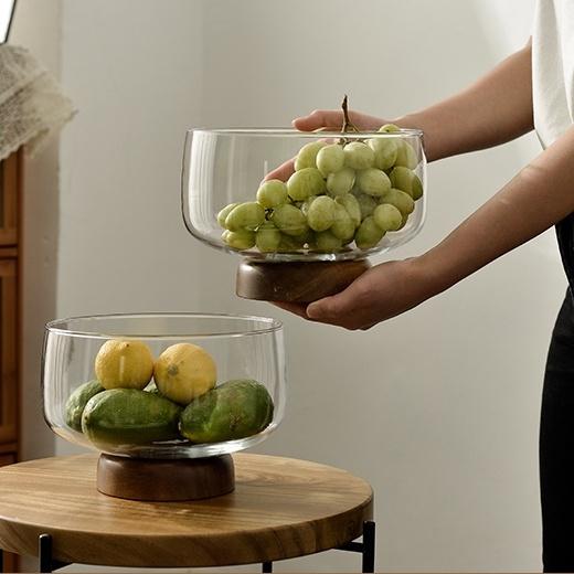 Large Glass Fruit Bowl - Clear Borosilicate Glass Fruit Bowl with Tray Wooden Base