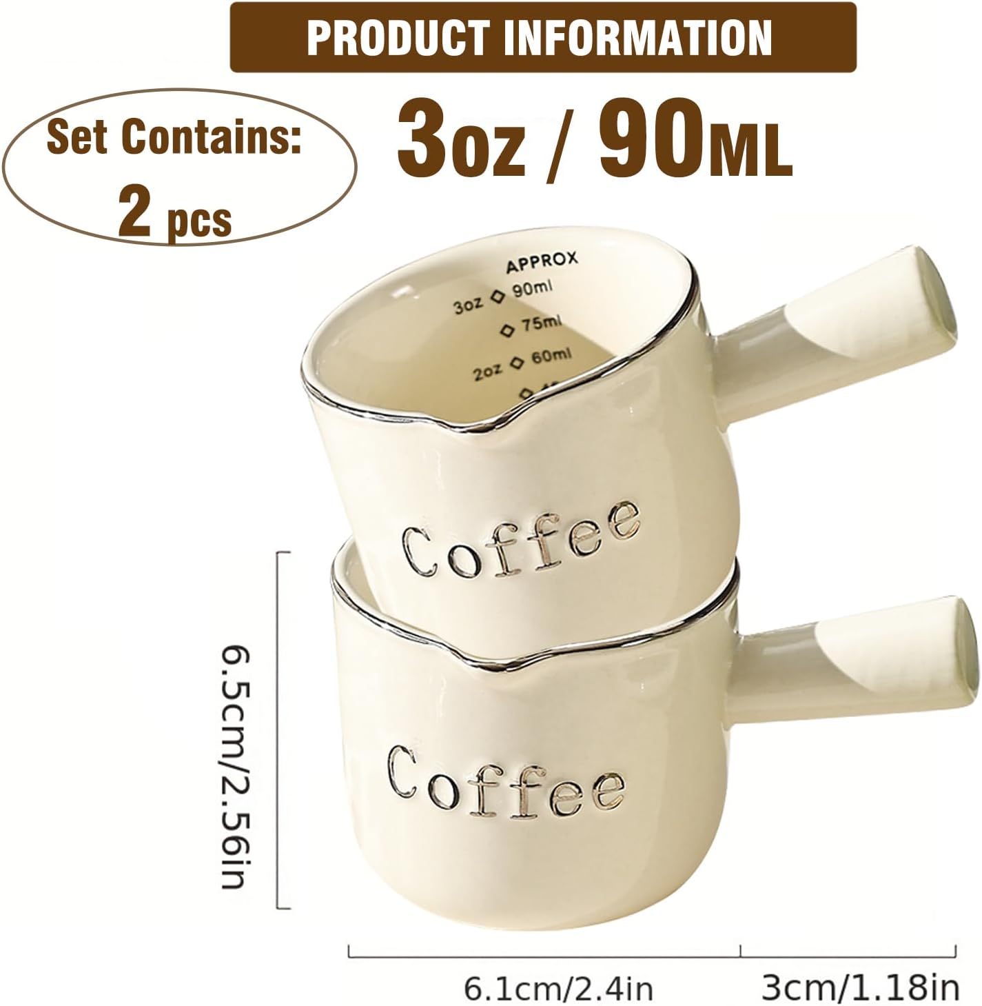 INSETLAN Espresso Cups, 2 Pack Espresso Coffee Ceramic Measuring Cup, 90ML Espresso Cups with Handle, Espresso Shot Coffee Cup with V-Shaped Mouth, Pitcher for Coffee Espresso Making Frothing