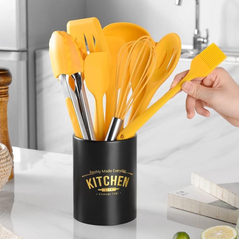 Yellow Kitchen Utensil Set, Stainless Steel & Silicone Heat Resistant Professional Cooking Tools (BPA Free)