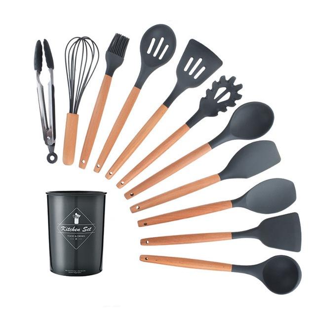12Pcs Silicone Cooking Utensils Wooden Handle With Stainless Steel Storage Box, Nonstick Cookware (BPA Free)