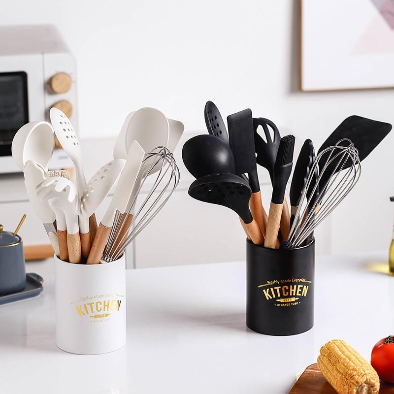 White/Black Silicone Cooking Utensils with Wooden Handles for Nonstick Cookware