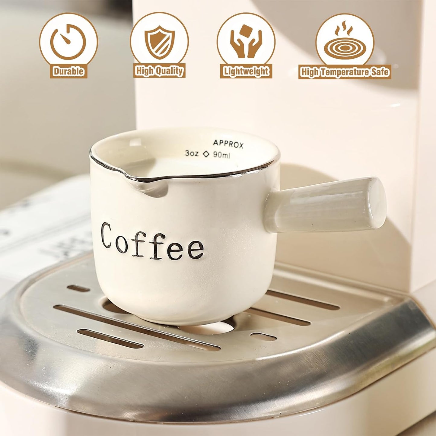 INSETLAN Espresso Cups, 2 Pack Espresso Coffee Ceramic Measuring Cup, 90ML Espresso Cups with Handle, Espresso Shot Coffee Cup with V-Shaped Mouth, Pitcher for Coffee Espresso Making Frothing