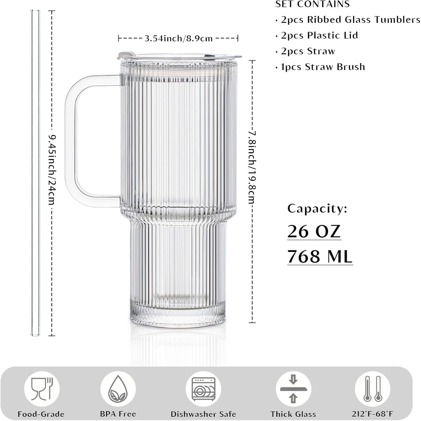 INSETLAN 26oz Ribbed Glass Tumbler with Handle & Lid – 2-Pack Large Iced Coffee Cups with Straws, Modern Glass Mug for Cold & Hot Beverages, Aesthetic Travel Cup for Smoothies, Tea, and Juice