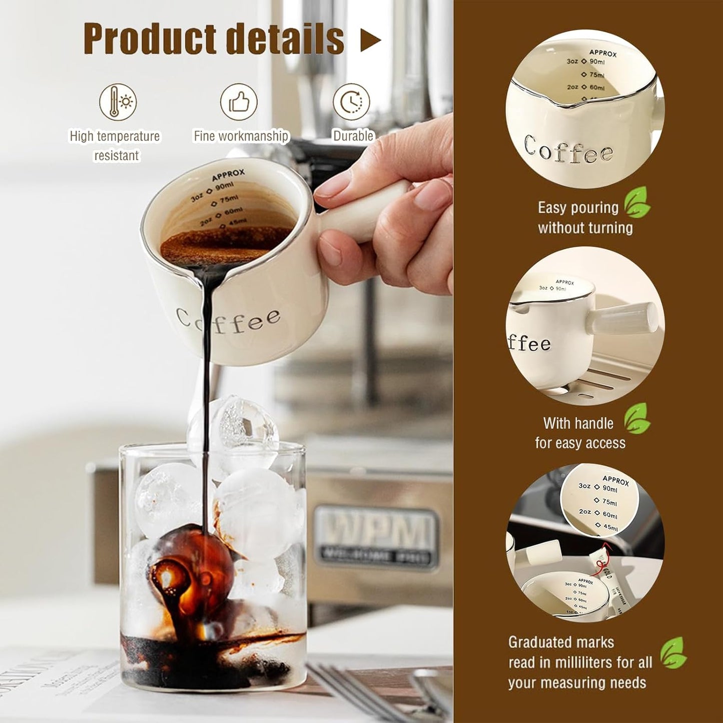 INSETLAN Espresso Cups, 2 Pack Espresso Coffee Ceramic Measuring Cup, 90ML Espresso Cups with Handle, Espresso Shot Coffee Cup with V-Shaped Mouth, Pitcher for Coffee Espresso Making Frothing