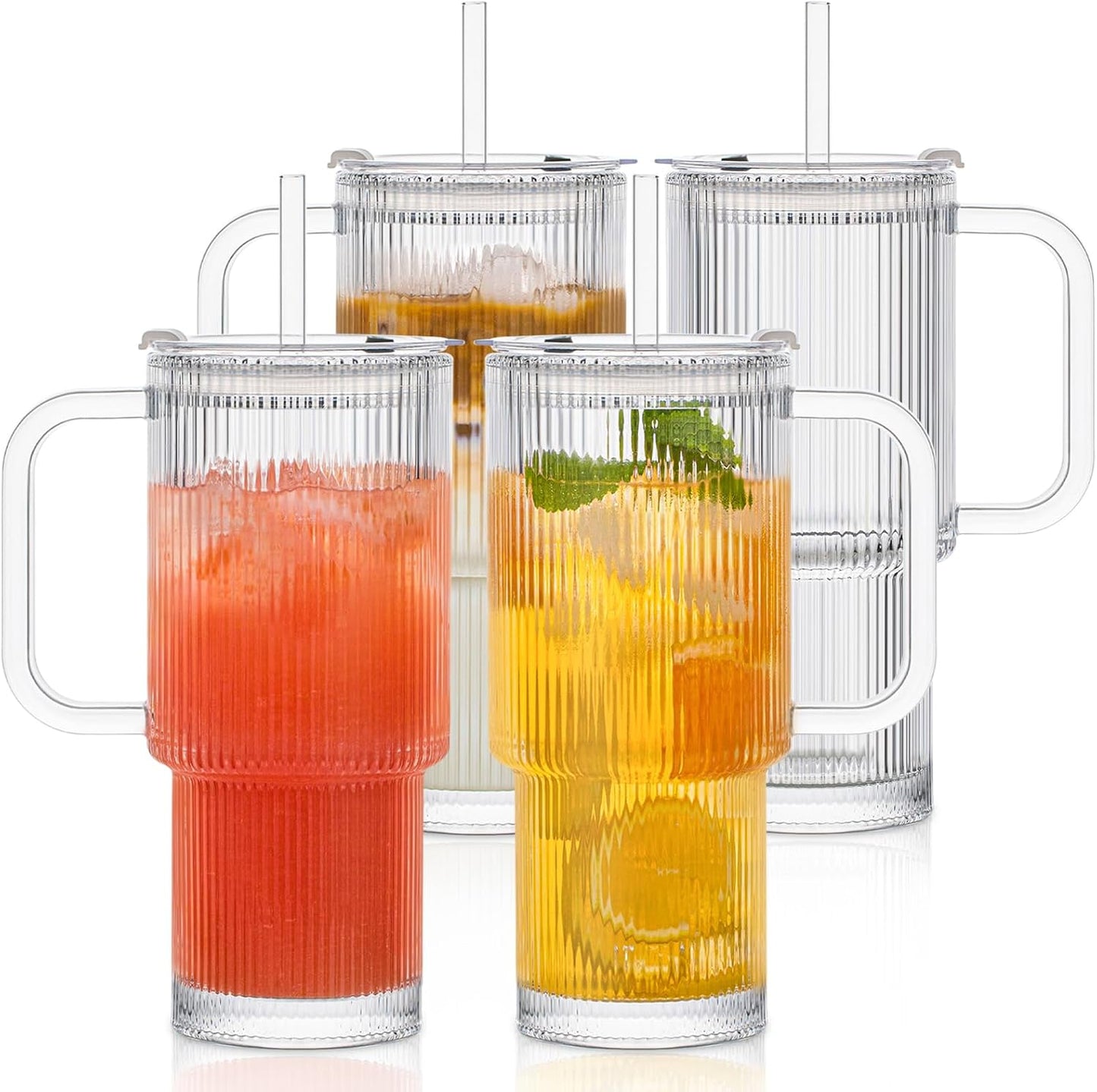INSETLAN 26oz Ribbed Glass Tumbler with Handle & Lid – 2-Pack Large Iced Coffee Cups with Straws, Modern Glass Mug for Cold & Hot Beverages, Aesthetic Travel Cup for Smoothies, Tea, and Juice