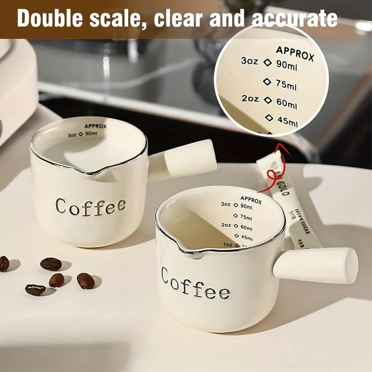 INSETLAN Espresso Cups, 2 Pack Espresso Coffee Ceramic Measuring Cup, 90ML Espresso Cups with Handle, Espresso Shot Coffee Cup with V-Shaped Mouth, Pitcher for Coffee Espresso Making Frothing