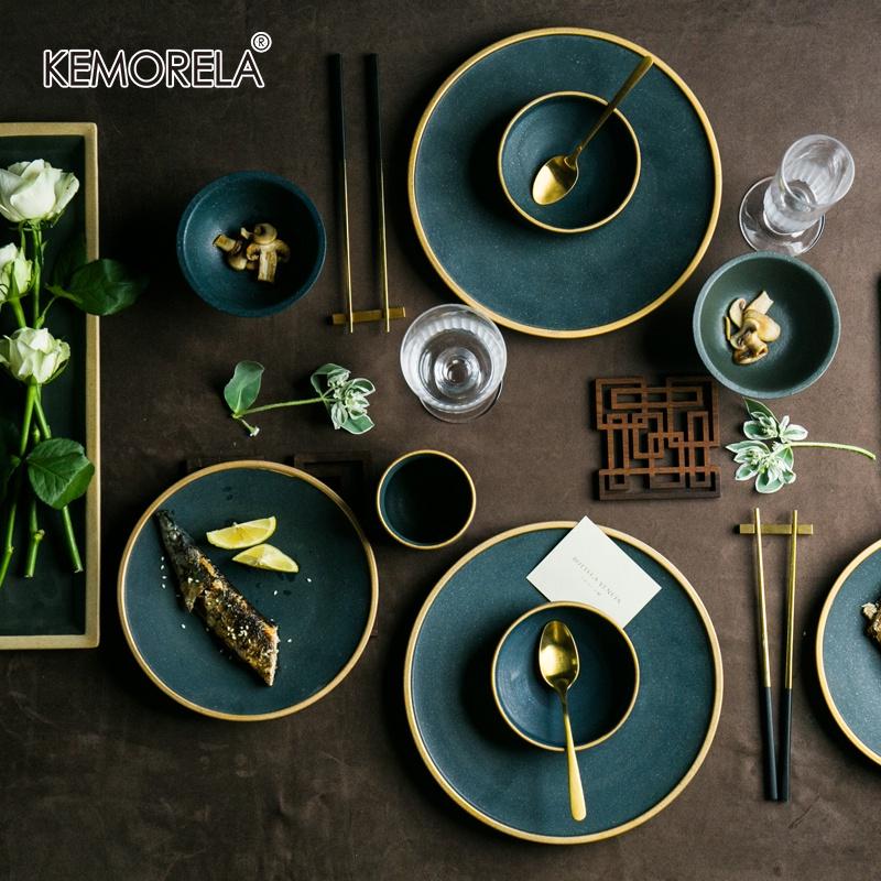 Ceramic Gold Inlay Plates Steak Food Dish Nordic Style Retro Tableware Bowl Ins Dinner Plate Cup High End Dinnerware Set