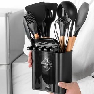 13Pcs Silicone Cooking Utensils Wooden Handle With Stainless Steel Storage Box, Nonstick Cookware (BPA Free)