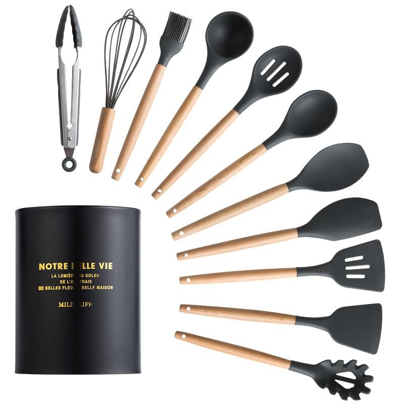 12Pcs Silicone Cooking Utensils Wooden Handle With Stainless Steel Storage Box, Nonstick Cookware (BPA Free)