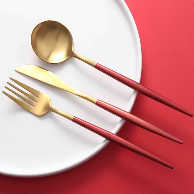 Stainless Steel Titanium Plated Red Golden Flatware Set