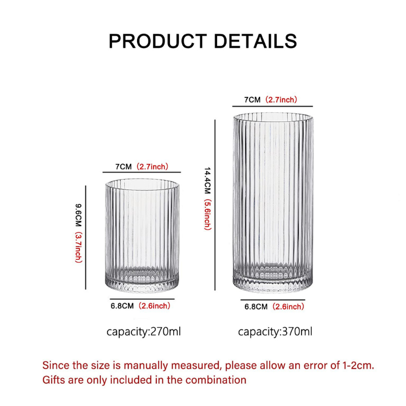 Classic Ribbed Drinking Glass Cups 370ml | Set of 4 | Includes Straws and Coasters