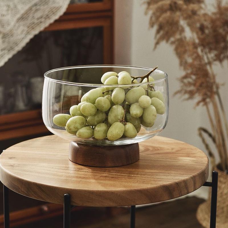 Large Glass Fruit Bowl - Clear Borosilicate Glass Fruit Bowl with Tray Wooden Base