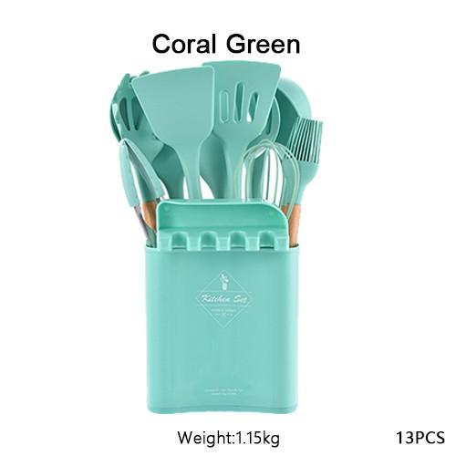 13Pcs Silicone Cooking Utensils Wooden Handle With Stainless Steel Storage Box, Nonstick Cookware (BPA Free)