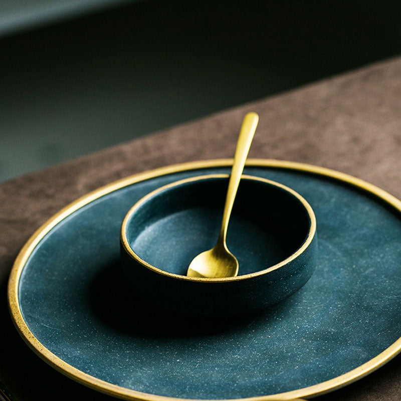 Ceramic Gold Inlay Plates Steak Food Dish Nordic Style Retro Tableware Bowl Ins Dinner Plate Cup High End Dinnerware Set