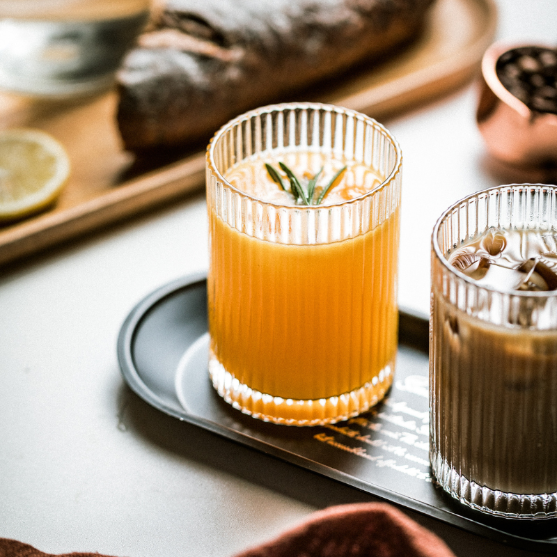 Classic Ribbed Drinking Glass Cups 370ml | Set of 4 | Includes Straws and Coasters